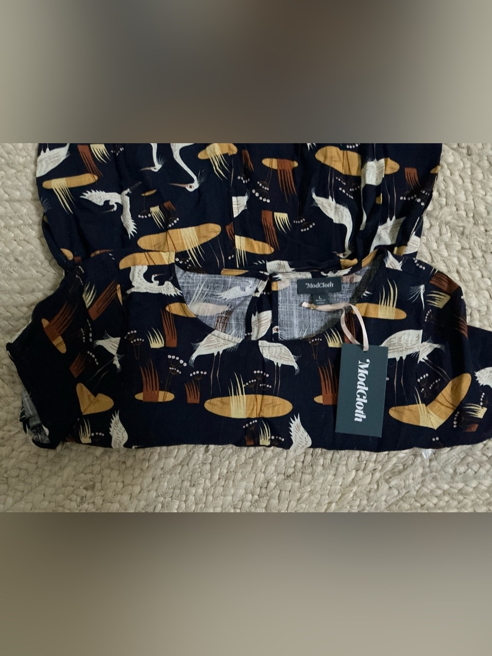Women’s Black Crane Print capri length jumpsuit with Tie Waist - Picture 2 of 5